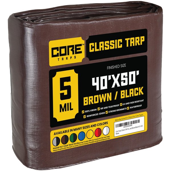 Core Tarps 50 ft L x 0.5 mm H x 40 ft W Heavy Duty 5 Mil Tarp, Brown/Black, Polyethylene CT-502-40X50